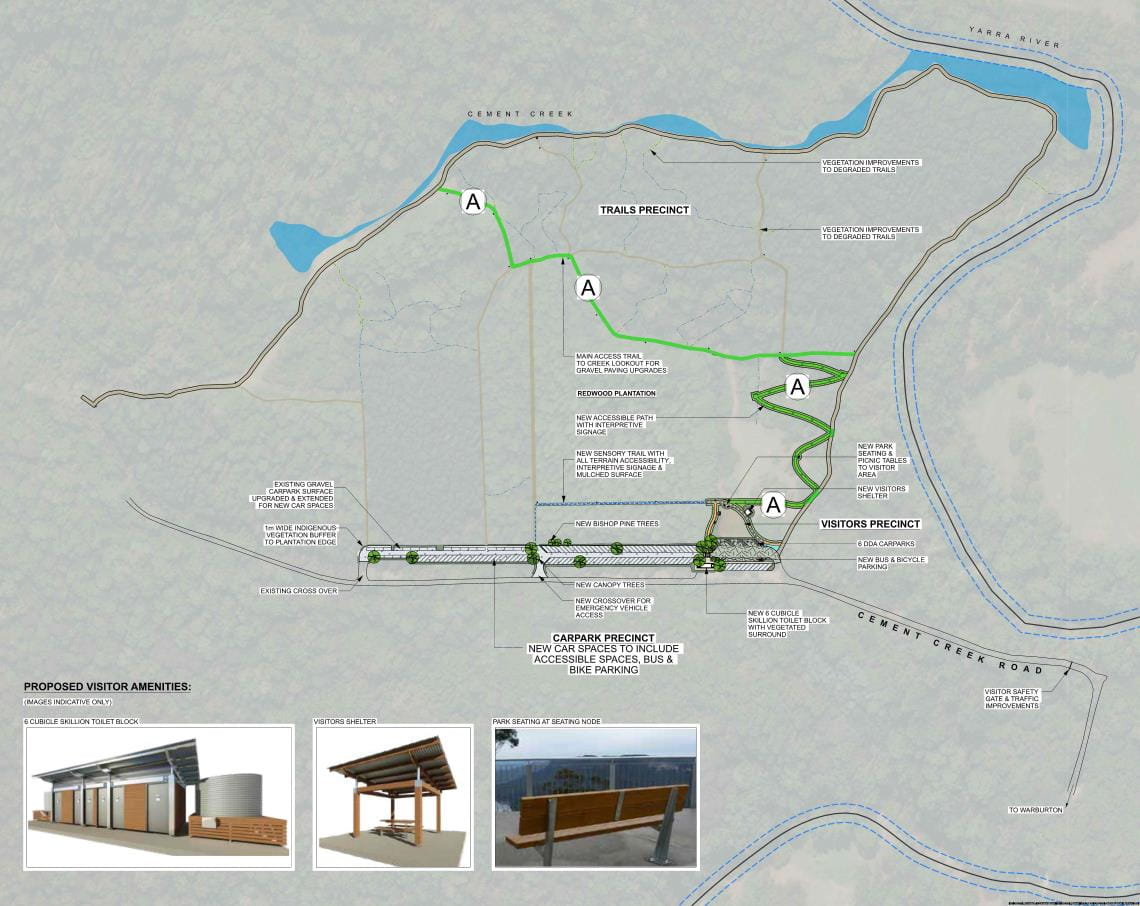 A draft design for Parks Victoria's planned works at the Cement Creek Redwood Forest. It includes new and upgraded facilities including improved car parking, an accessible toilet facility, a visitor safety gate, a visitor wet weather shelter and the formalisation of sections of the existing trail network. Examples of what the toilet facility, visitor shelter and seating could look like is also shown.